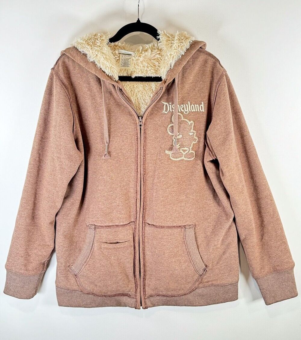 Disney Parks Women Hoodie Brown Disneyland Mickey Mouse 55 Full Zip Lined Fur XL